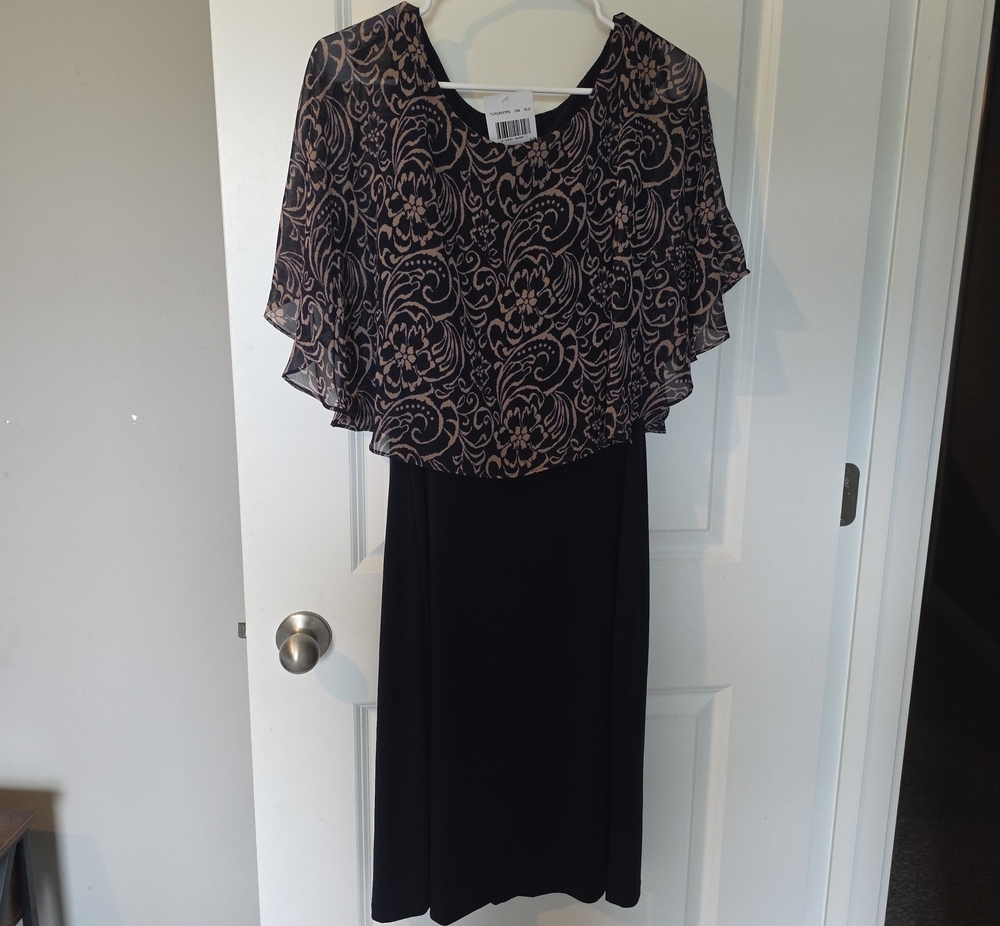 connected apparel Black Dress with Taupe Floral Overlay